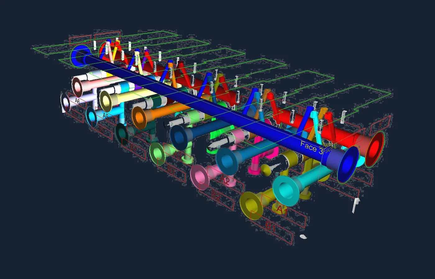 Kanalnetz eines großen Manifolds mit zwölf Anschlüssen A1 bis A6 und B1 bis B6, farbig unterschieden, ohne Blockkörper