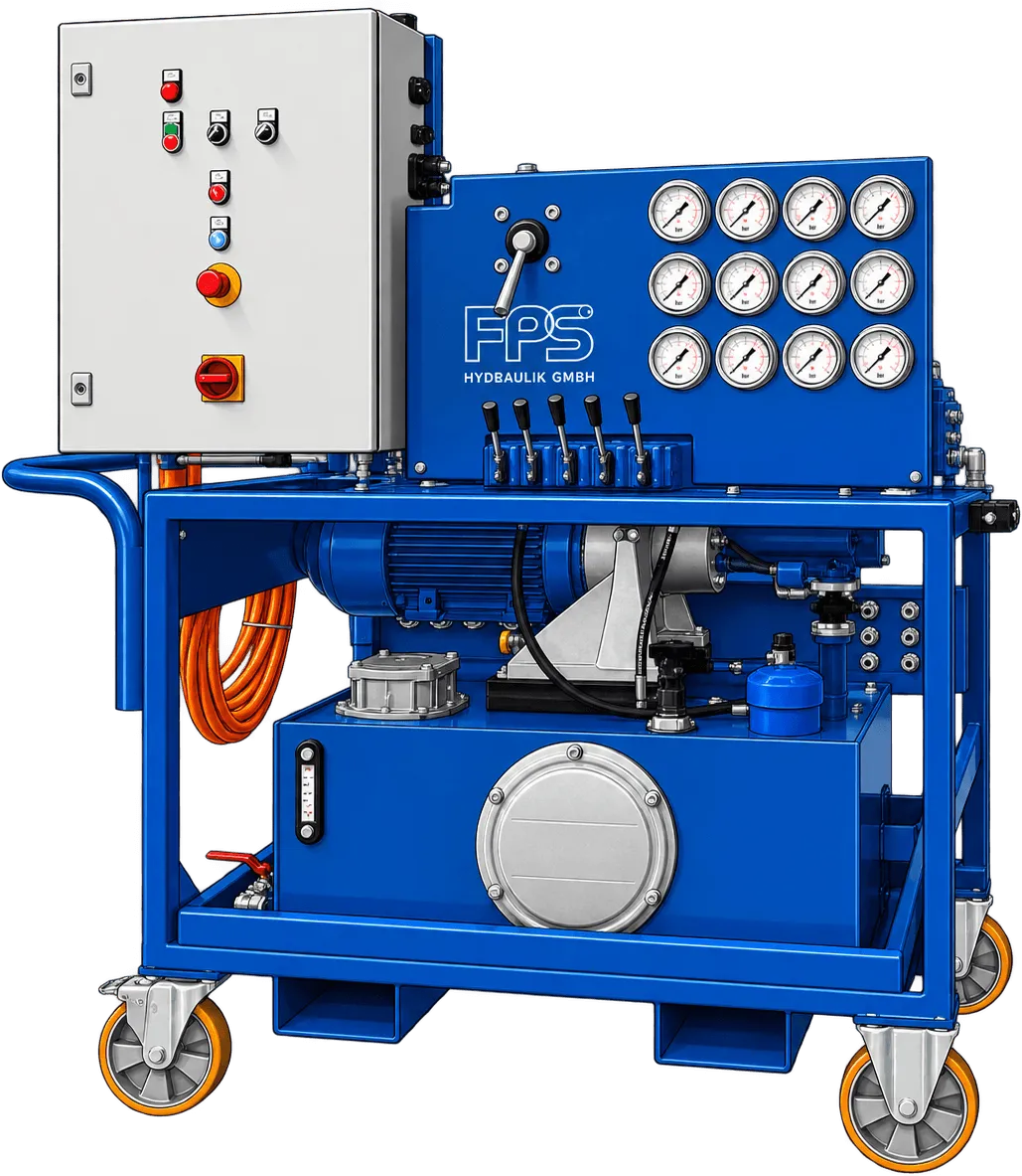 Technische Darstellung des FPS AgriProof 60/210 Pro mit Schaltschrank, Manometerbank, Bedienhebeln, Elektromotor, Pumpe, Öltank und Schwerlastrollen